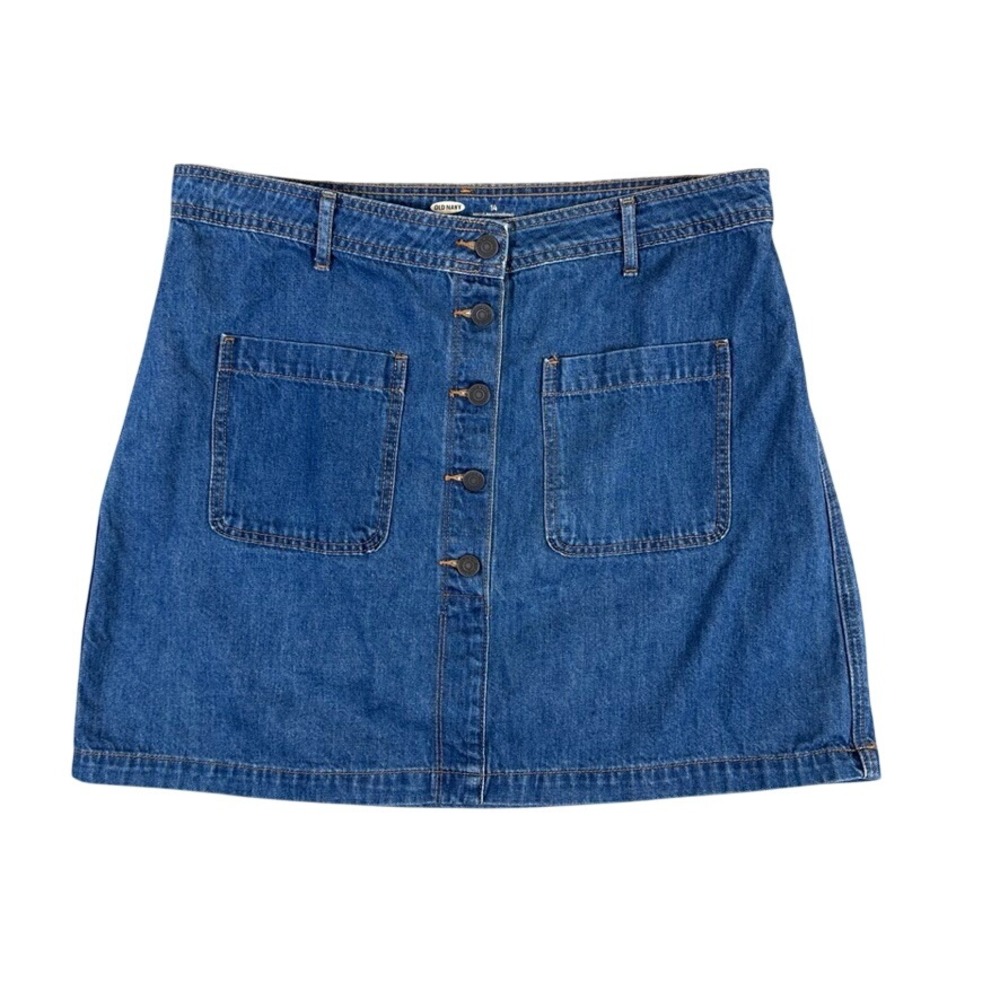Old Navy Denim Mini Skirt Womens 14 Blue Button Front Patch Pocket Cotton A-Line